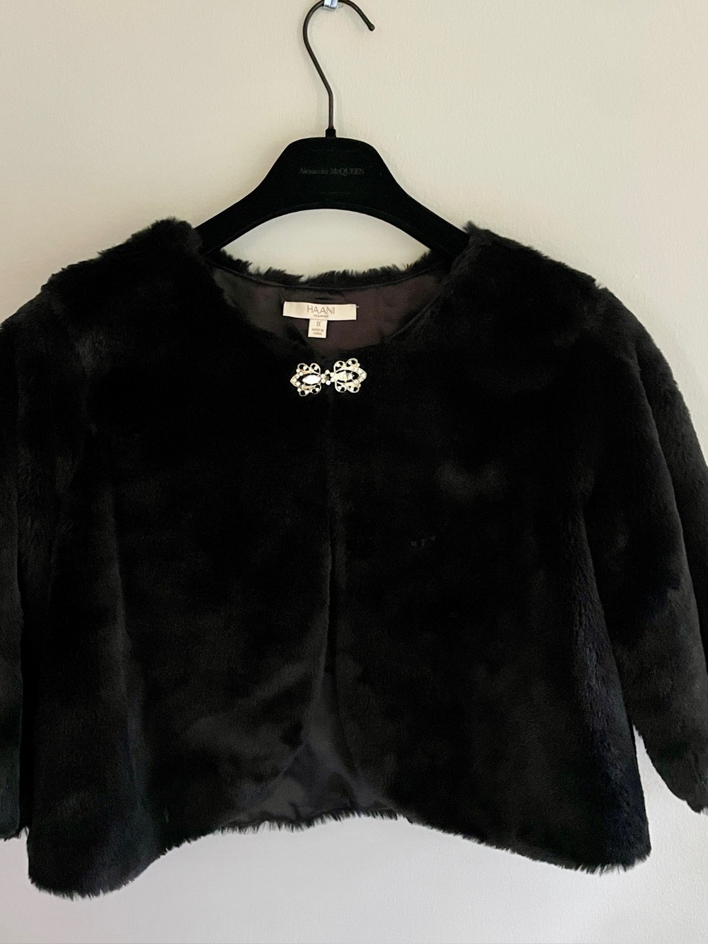 Haani Black Faux Fur Cropped Teddy Jacket with Decorative Clasp